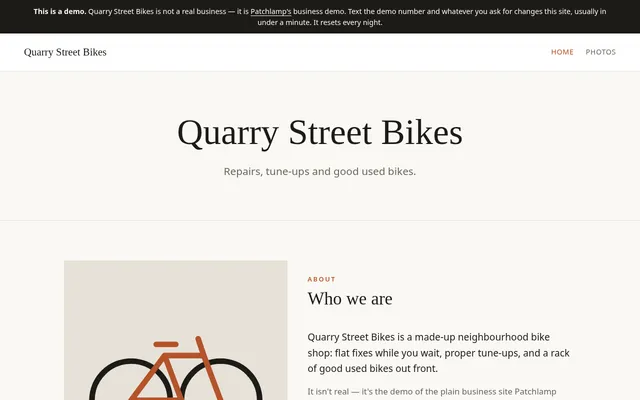 The business demo site, Quarry Street Bikes