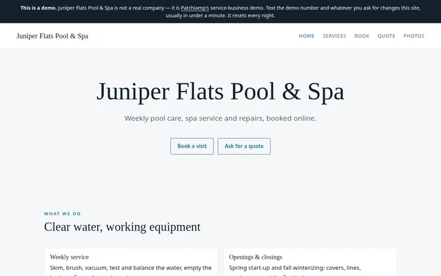 The service and booking demo site, Juniper Flats Pool & Spa