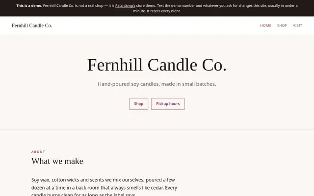The store demo site, Fernhill Candle Co.