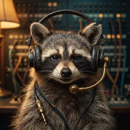 Patch, a raccoon in a switchboard headset
